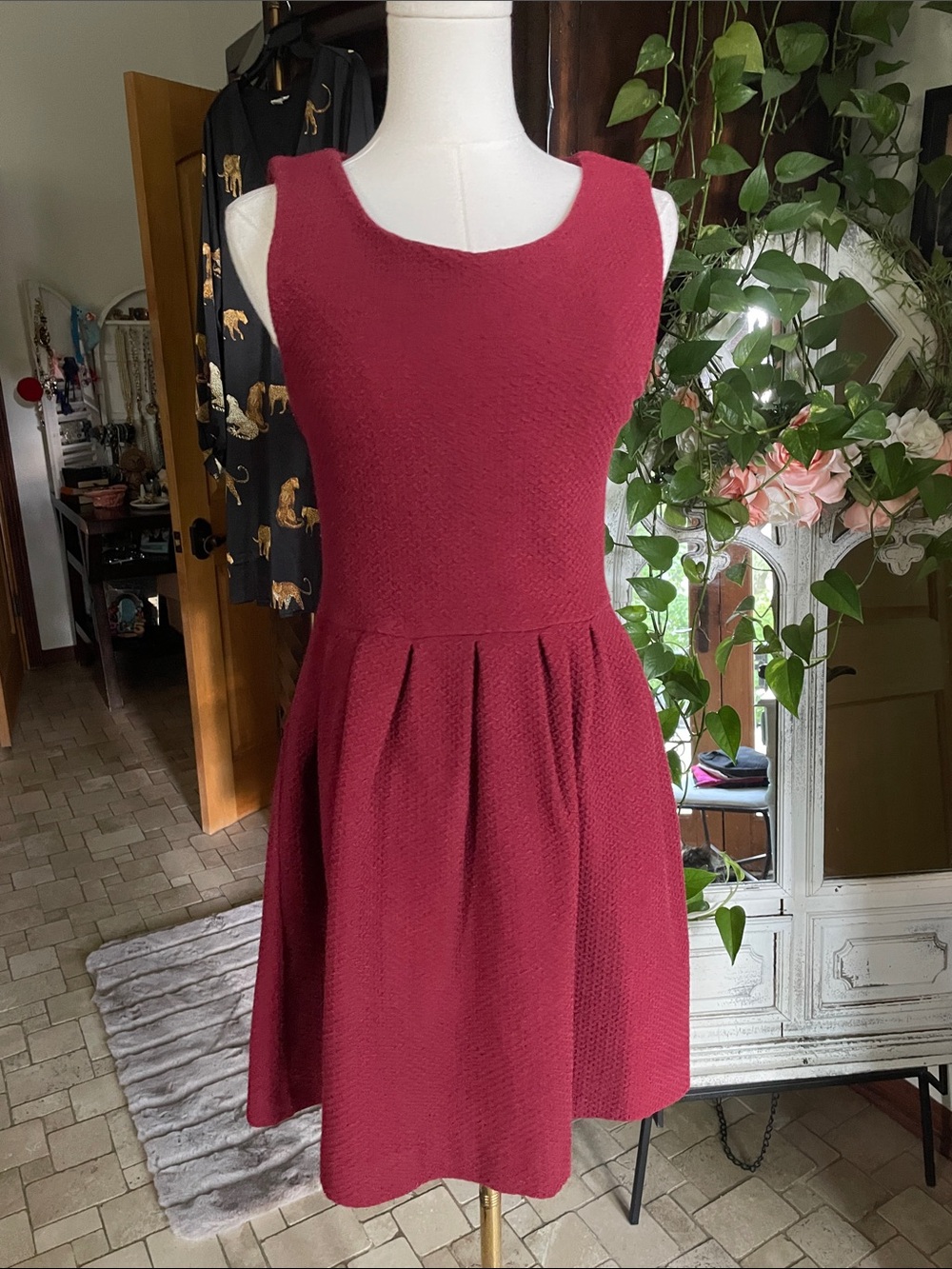 Ganni Sleeveless Textured Fit-and-Flare Dress in Burgundy Medium